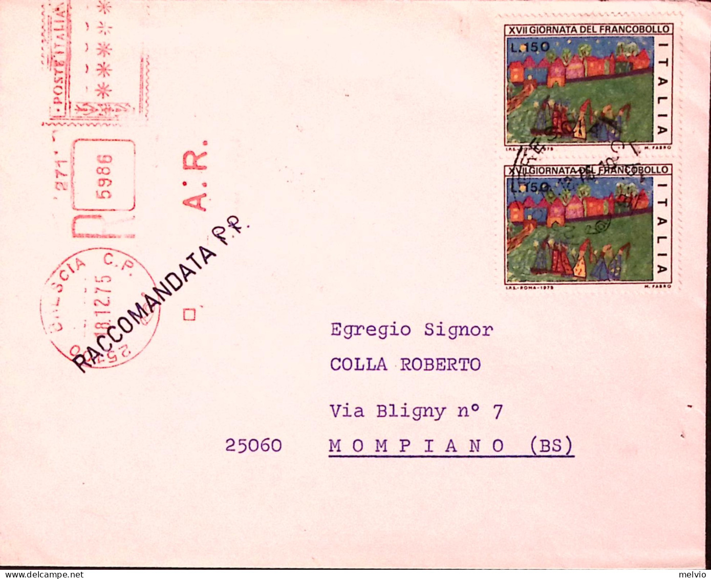 1975-GIORNATA FRANCOBOLLO'75 Coppia Lire 150 Su Raccomandata Brescia (18.12) - 1971-80: Marcophilie