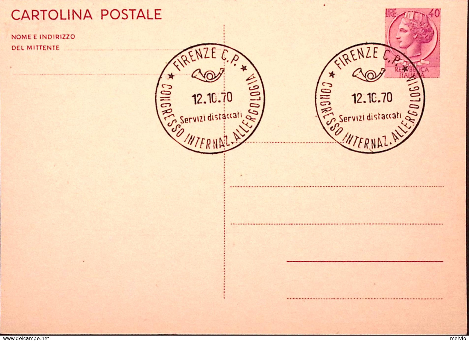 1970-CONGRESSO INTERN. ALLERGOLOGIA/FIRENZE Ann Speciale (12.10) Su Cartolina Po - 1961-70: Poststempel