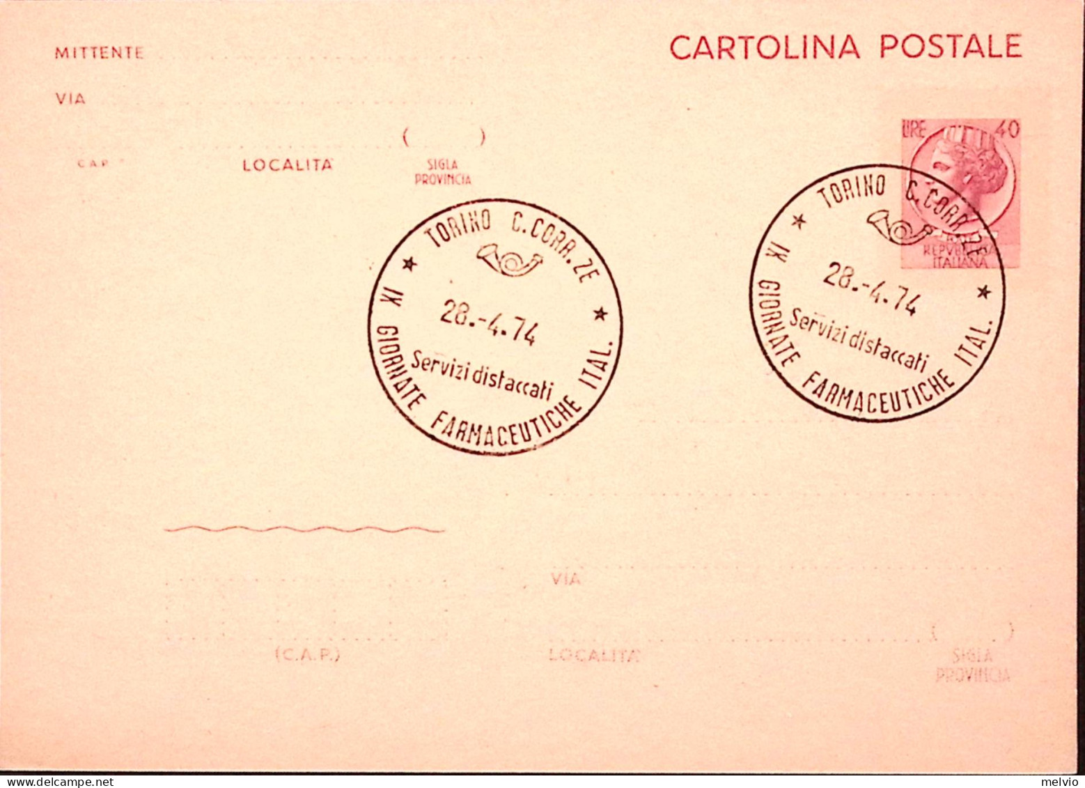 1974-IX GIORNATE FARMACEUTICHE ITALIANE/TORINO Ann Speciale (28.4) Su Cartolina  - 1971-80: Marcophilie