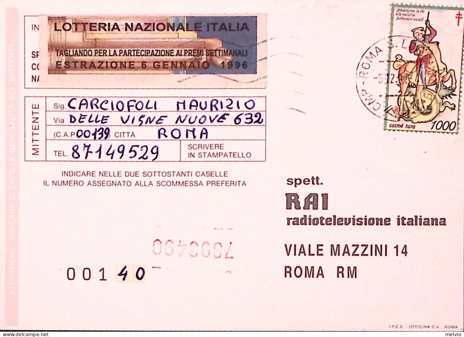 1996-FRODE POSTALE Cartolina Concorso RAI Con Palese Frode Roma (5.12) Non Tassa - 1991-00: Marcophilie