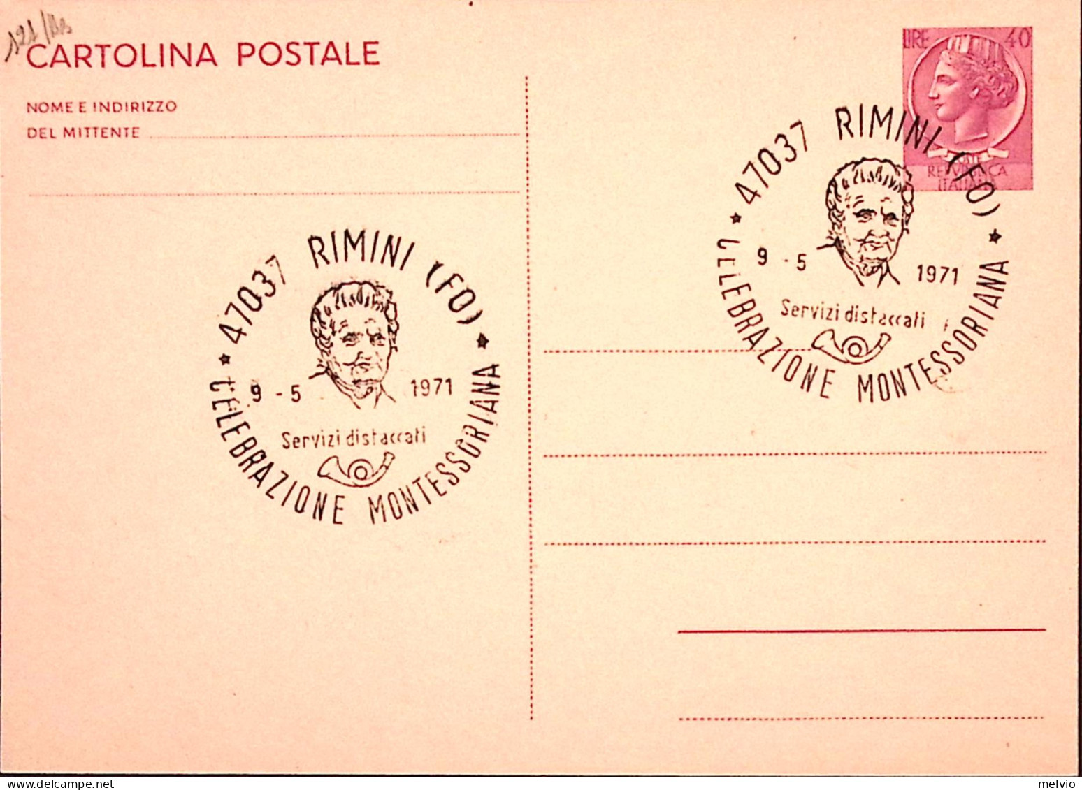 1971-CELEBRAZIONE MONTESSORIANA/RIMINI (9.5.71) Ann. Speciale Cartolina Postale - 1971-80: Marcophilie