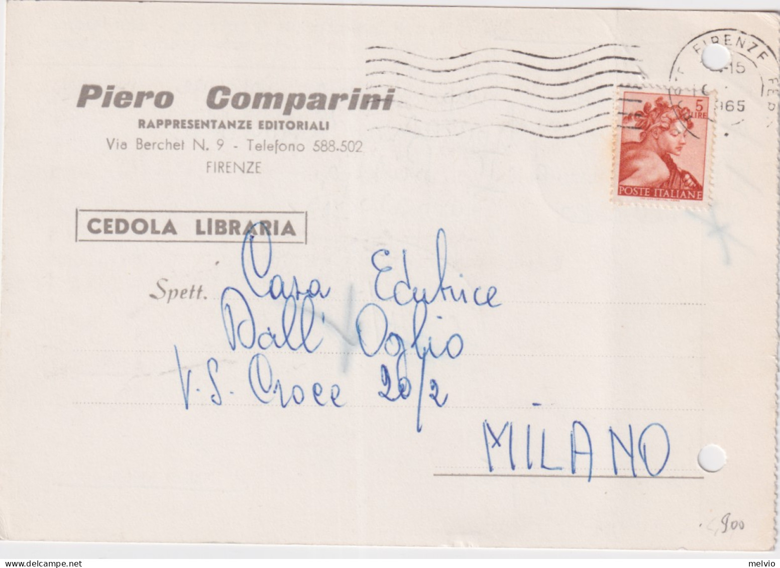1965-Michelangiolesca Lire 5 Isolato Su Cedola Commissione Libraria Firenze (6.2 - 1961-70: Marcophilie