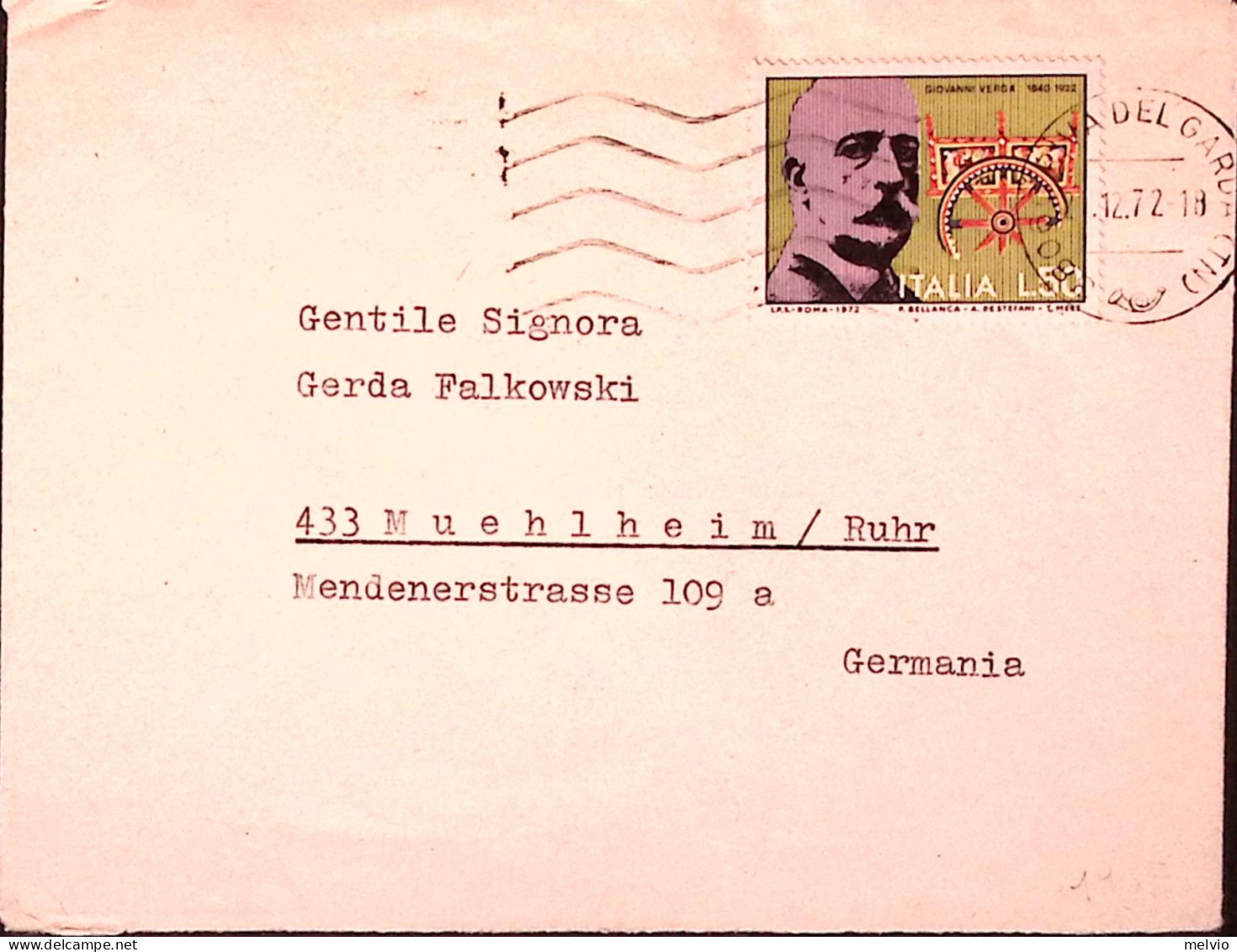 1972-VERGA Lire 50 Isolato Su Busta Desenzano (6.12) Per La Germania - 1971-80: Marcophilie