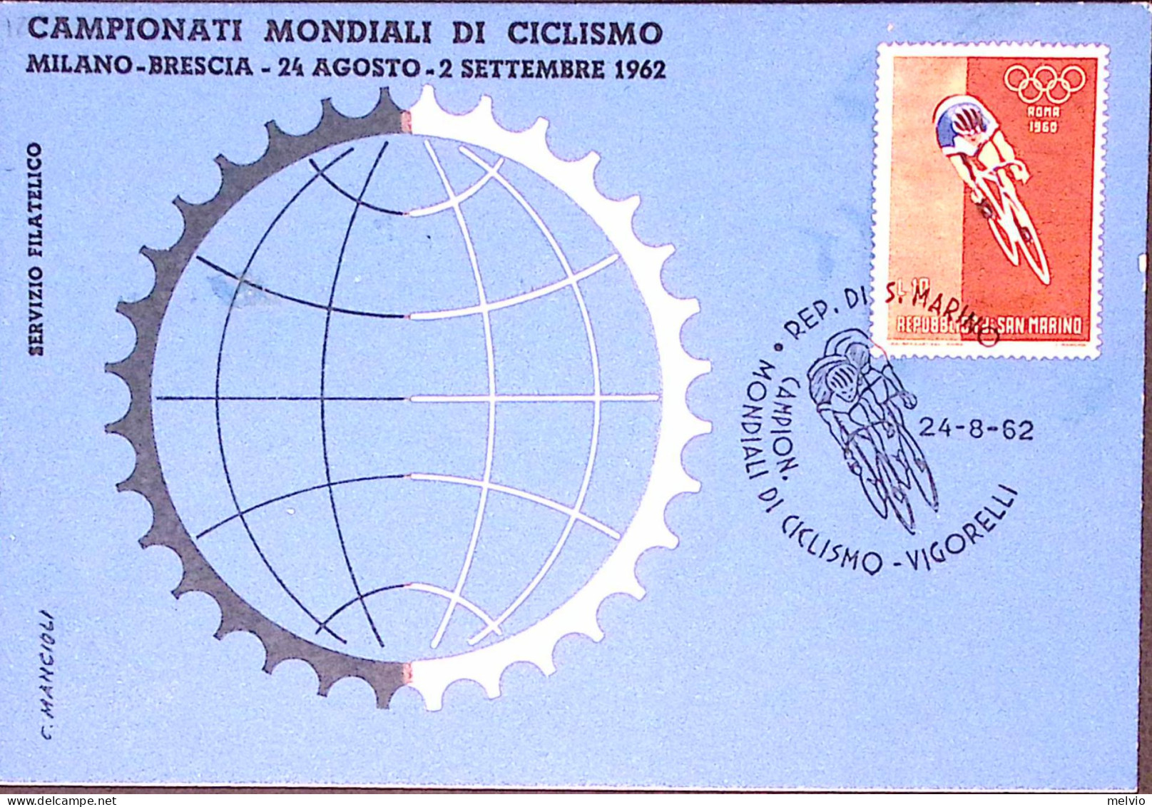 1962-SAN MARINO Campionati Mondiali Ciclismo Lire 10 Su Cartolina E Annullo Mani - 1961-70: Marcophilie