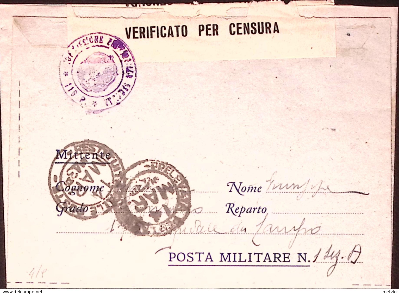 1943-Posta Militare/N 1 SEZ A (11.3) Su Biglietto Franchigia - Marcophilie