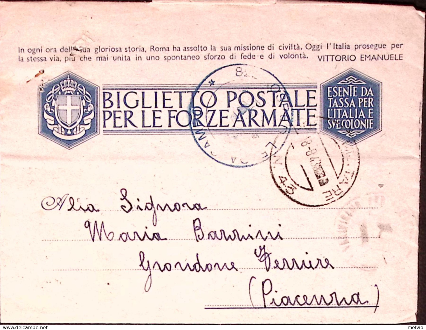 1943-Posta Militare/n. 43 C.2 (18.8) Su Biglietto Franchigia Manoscritto Al Vers - Marcophilie