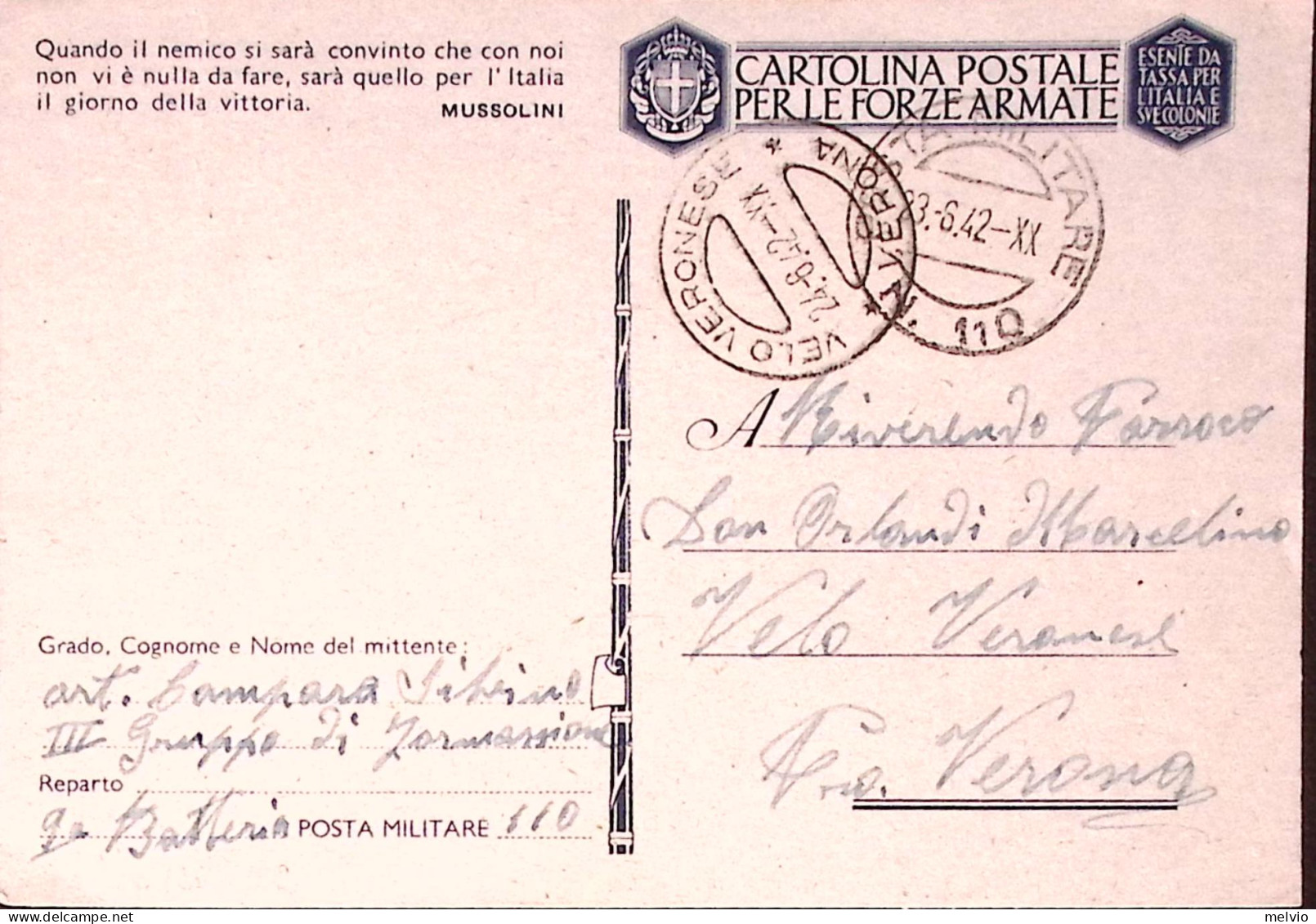 1942-Posta Militare/n. 110 (23.6) Su Cartolina Franchigia - Marcophilie