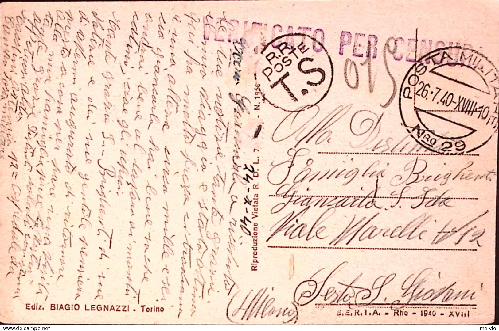 1940-Posta Militare/Nro 29 C.2 (26.7) Su Cartolina (Torino Oscurato Con Tratto)  - Marcophilie
