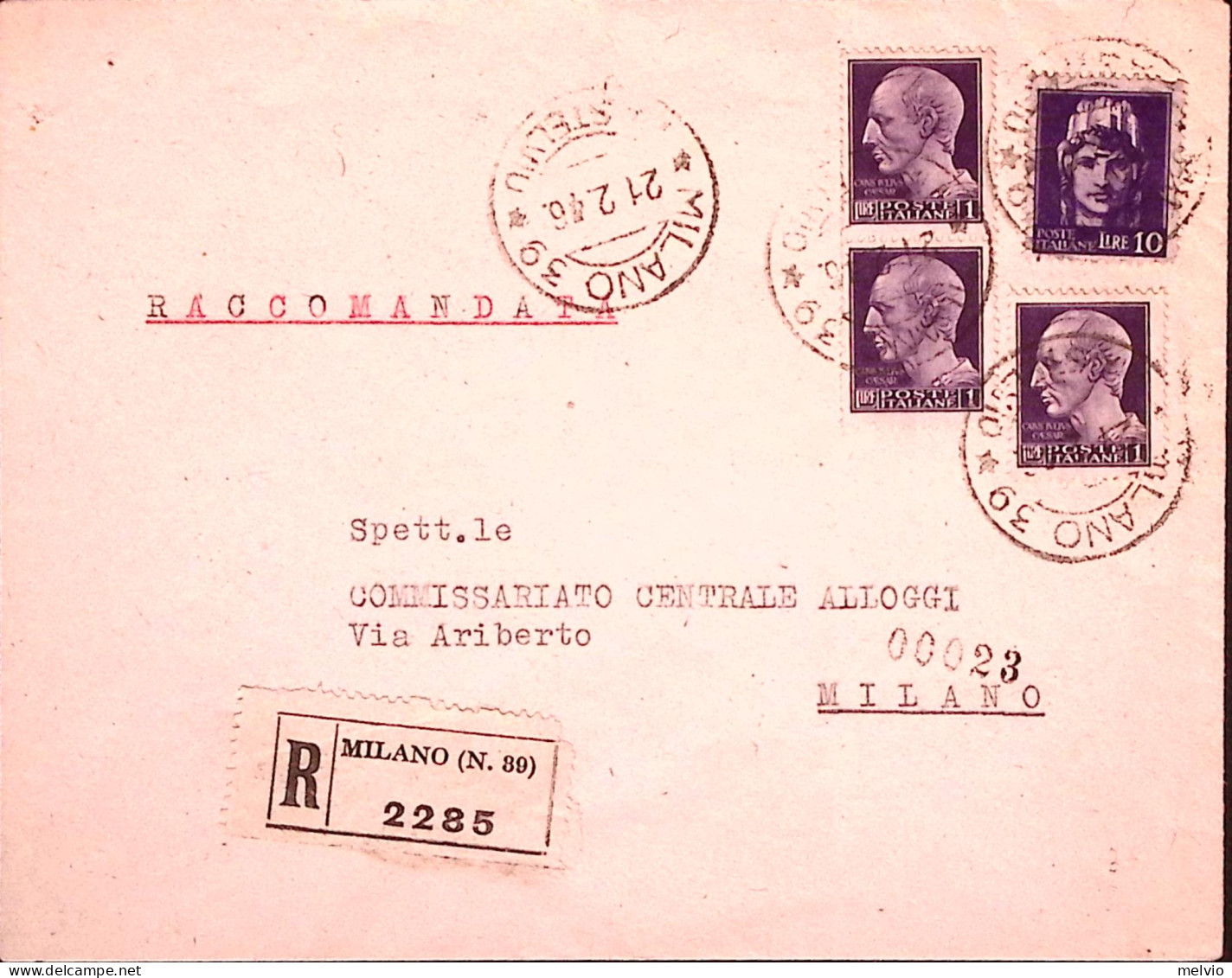 1946-Imperiale Senza Fasci Lire 10 E Tre Lire 1 (535+540) Su Raccomandata Milano - Marcophilie