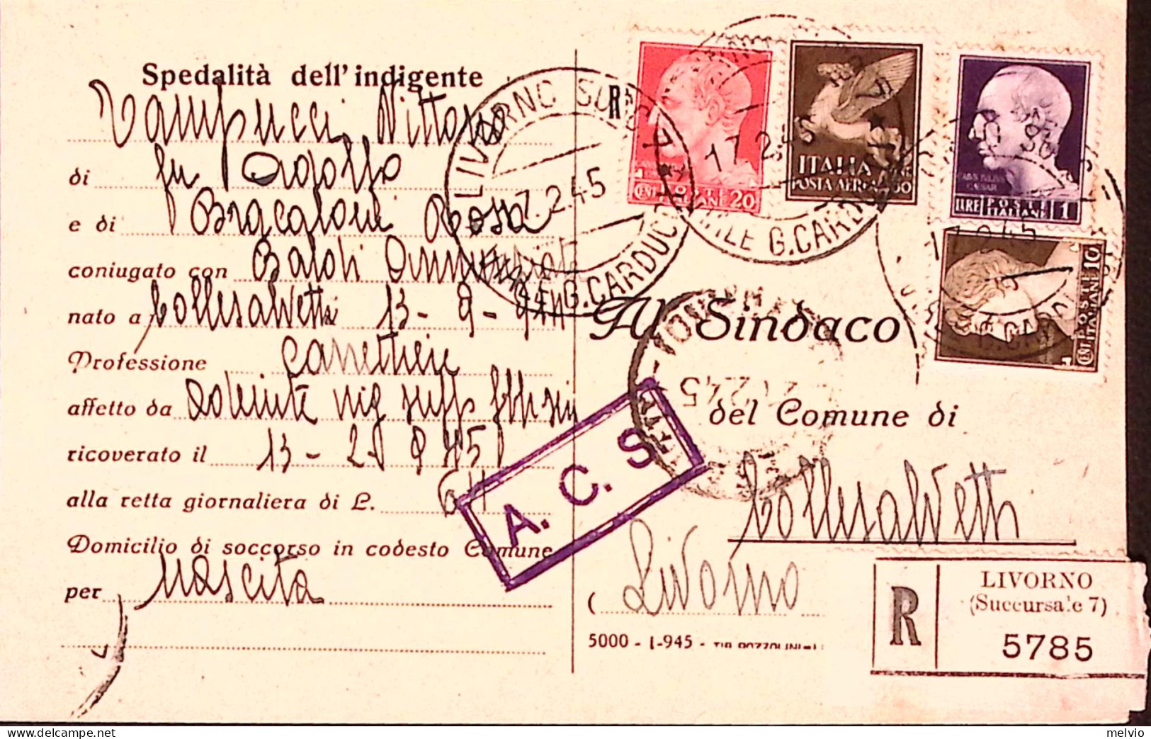 1945-Imperiale C.10 E 20 + Imperiale Senza Fasci Lire 1 + Posta Aerea C.50 Su Ca - Storia Postale