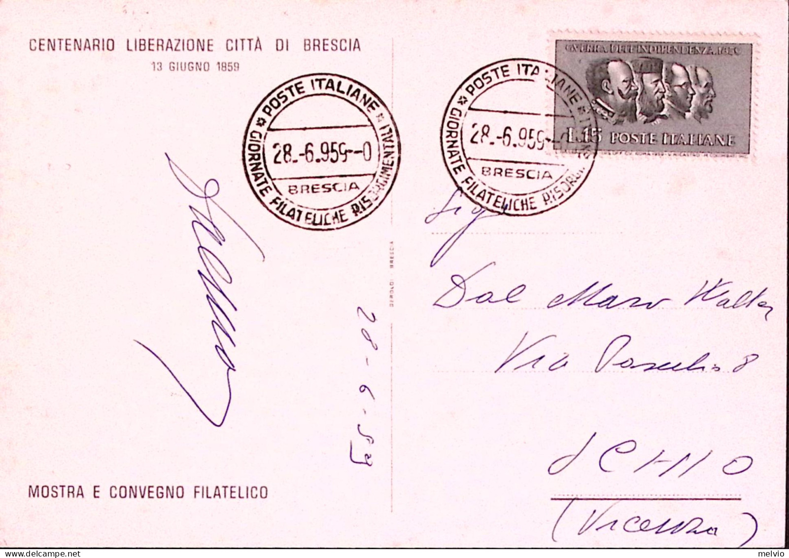 1959-CENTENARIO Risorgimento Timbro Speciale Brescia (28.6) Su Cartolina Manifes - Betogingen