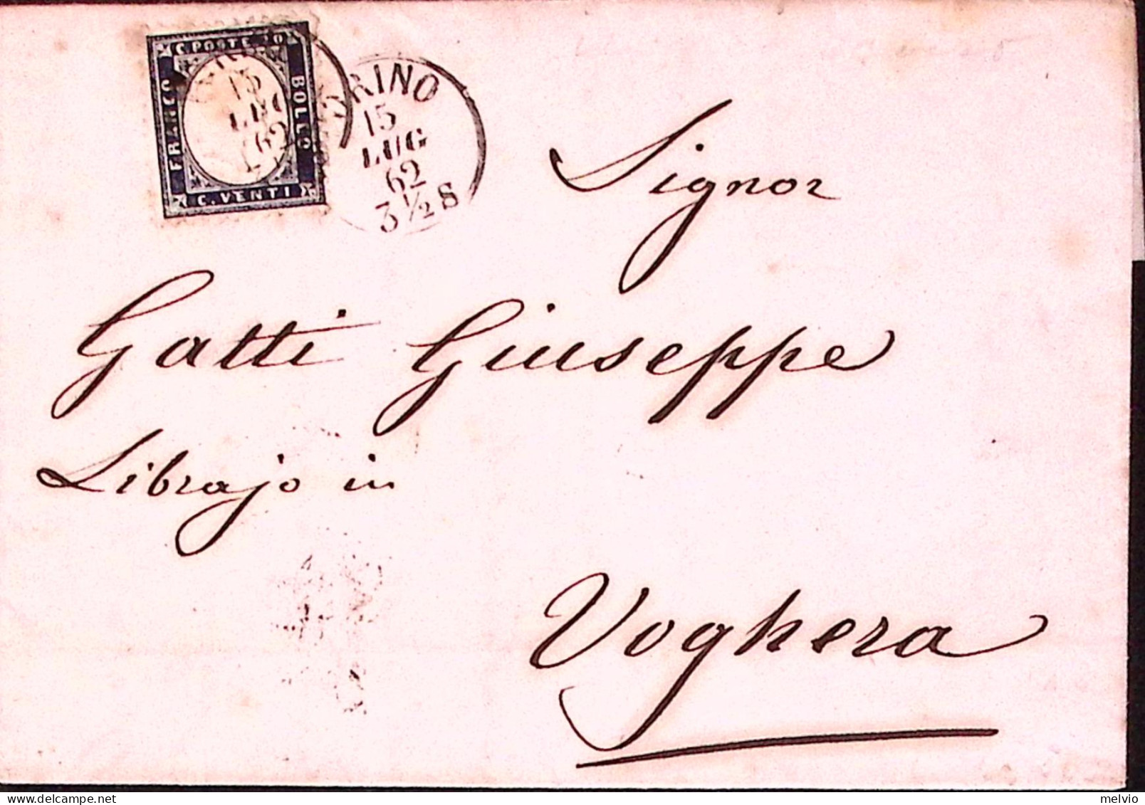 1862-effigie C.20 (2) Isolato Su Lettera Completa Testo Torino (15.7) - Storia Postale