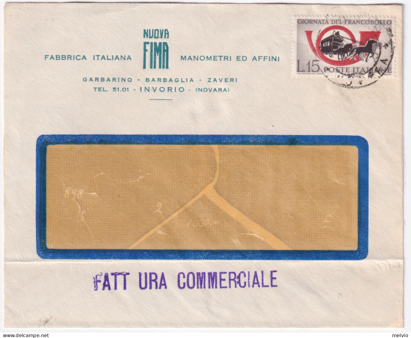1961-Giornata Fr.llo L.15 (898) Isolato Su Fattura Commerciale - 1961-70: Poststempel