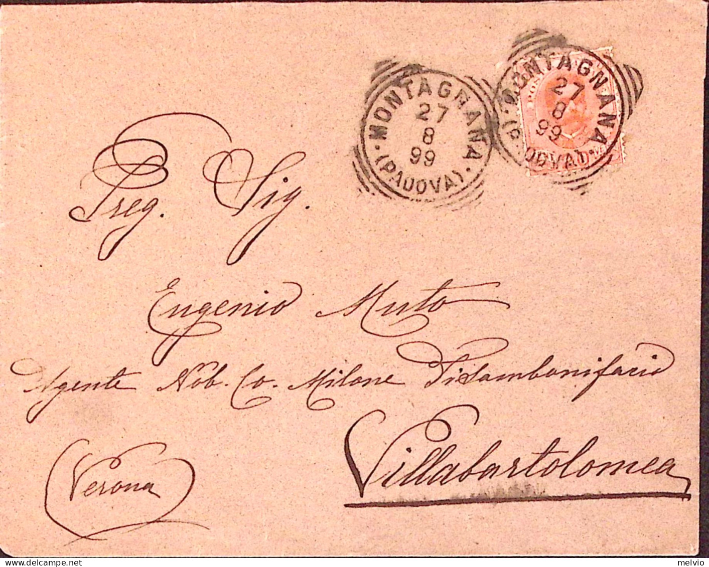 1899-MONTAGNANA/PADOVA Tondo Riquadrato (27.8) Busta Affrancata Effigie C.20 - Storia Postale