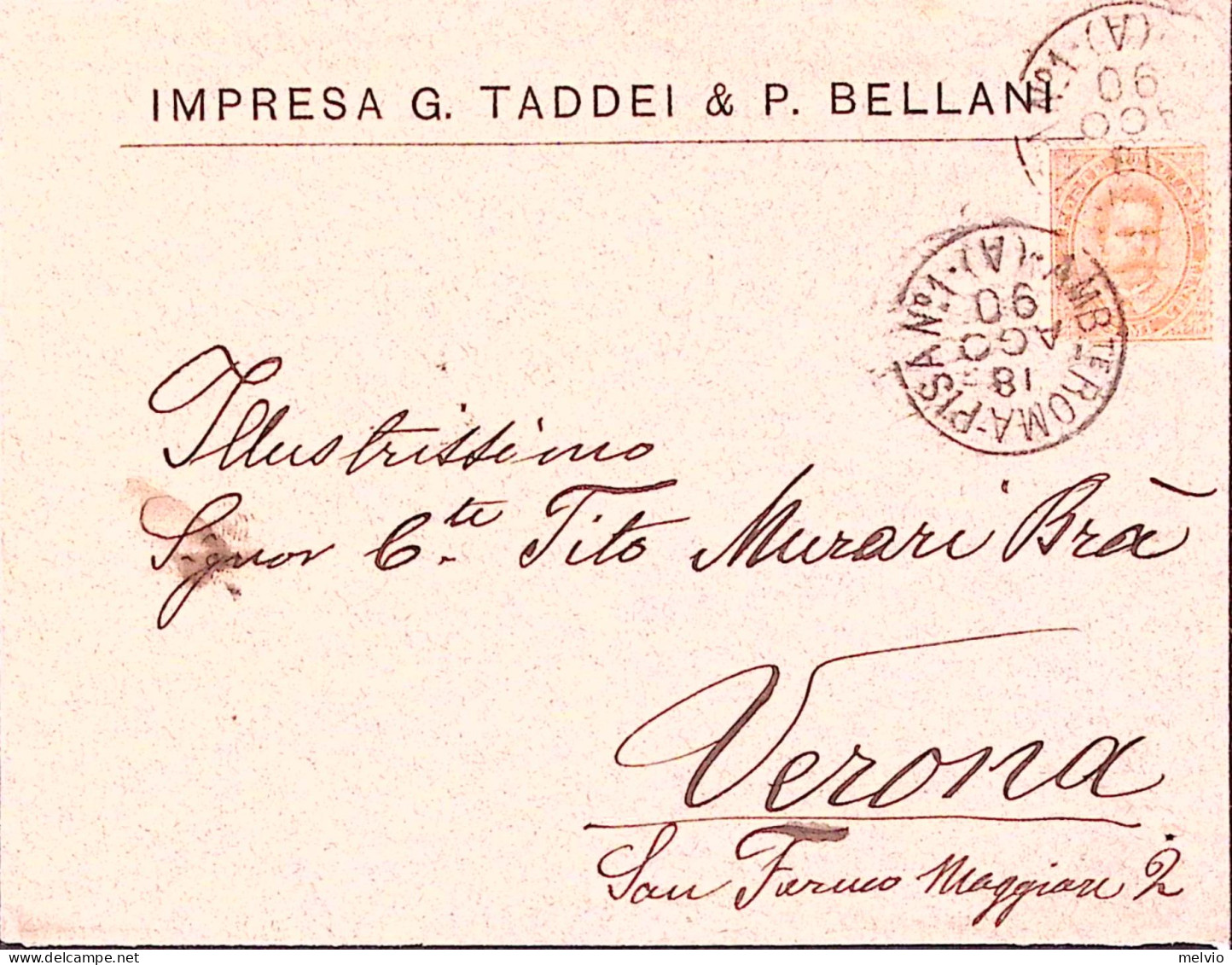 1890-AMB. ROMA-PISA N 1/(A) C.2 (18.8) Su Busta - Storia Postale