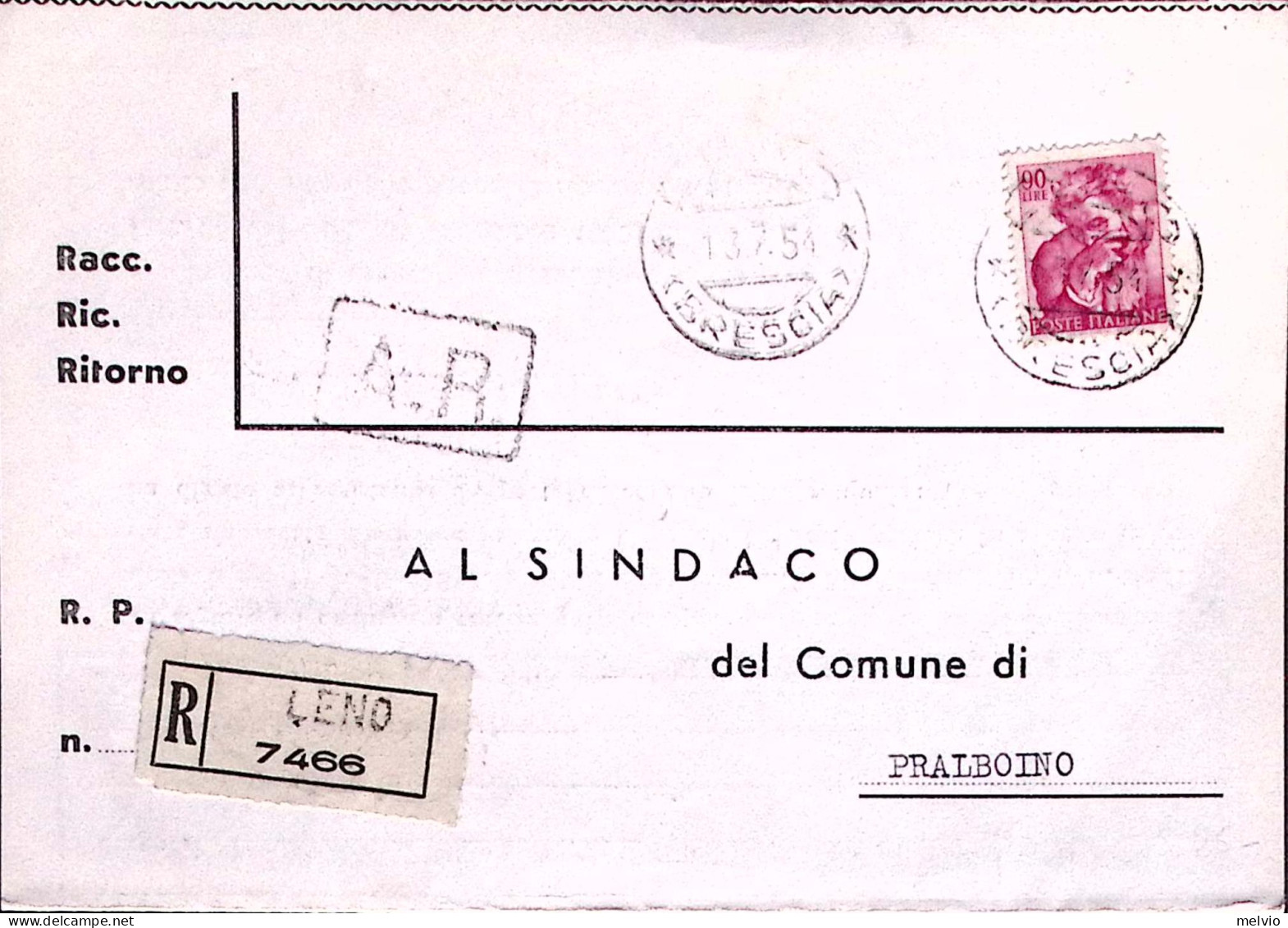 1965-Michelangiolesca Lire 90 Su Piego Raccomandato Leno (13.7.54 Data Errata) - 1961-70: Marcophilie