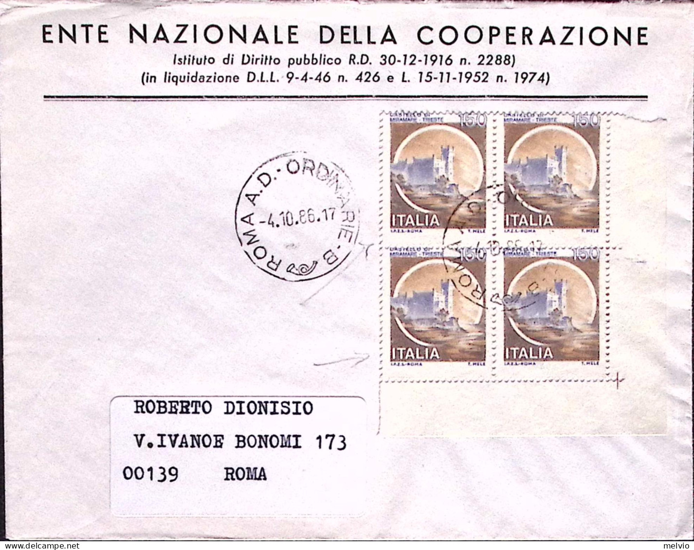 1986-CASTELLI Blocco 4 Lire 150 BdF DENTELL. ORIZZ. SPOSTATA IN BASSO (1513m) Su - 1981-90: Marcofilie