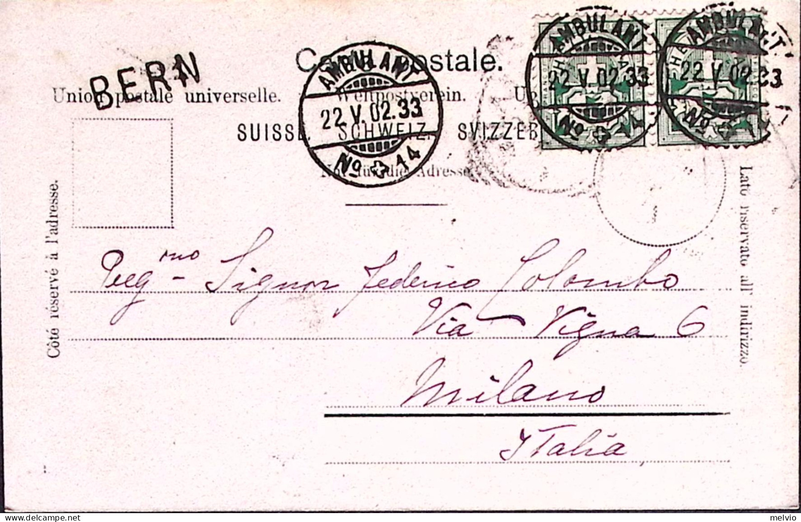 1902-BERN Parlamentsgebaude Vestibule, Viaggiata Affrancata Svizzera Coppia C.5  - Postmark Collection