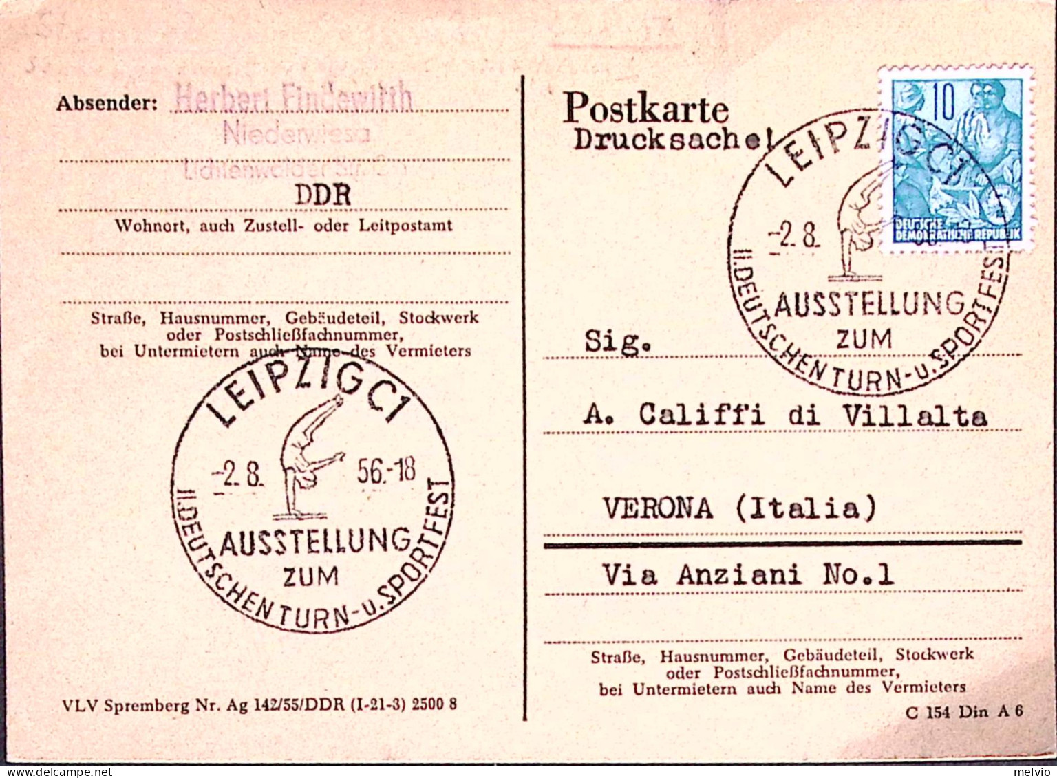 1956-Germania DDR Meeting Ginnastica/Lipsia (2.8.56) Annullo Speciale Su Cart. - Covers & Documents