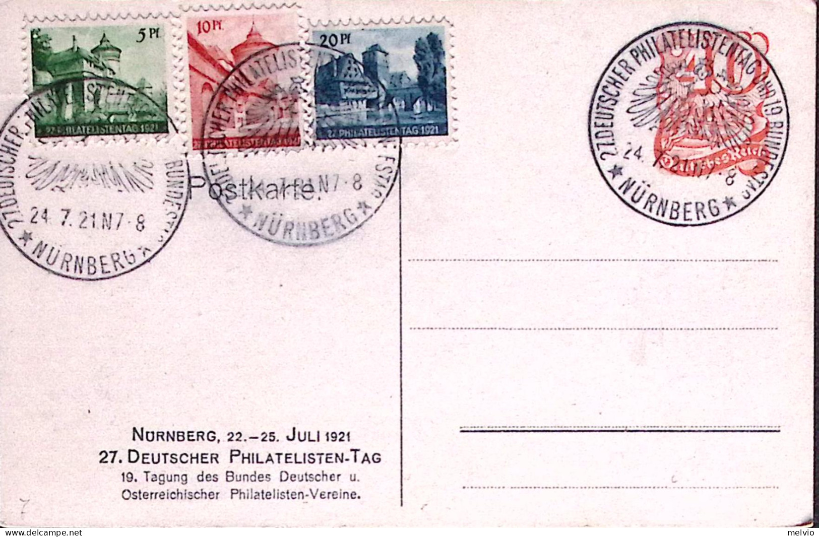1921-Germania 27 Giornata Fil./Norimberga1921 Annullo Speciale Su Cartolina Post - Storia Postale