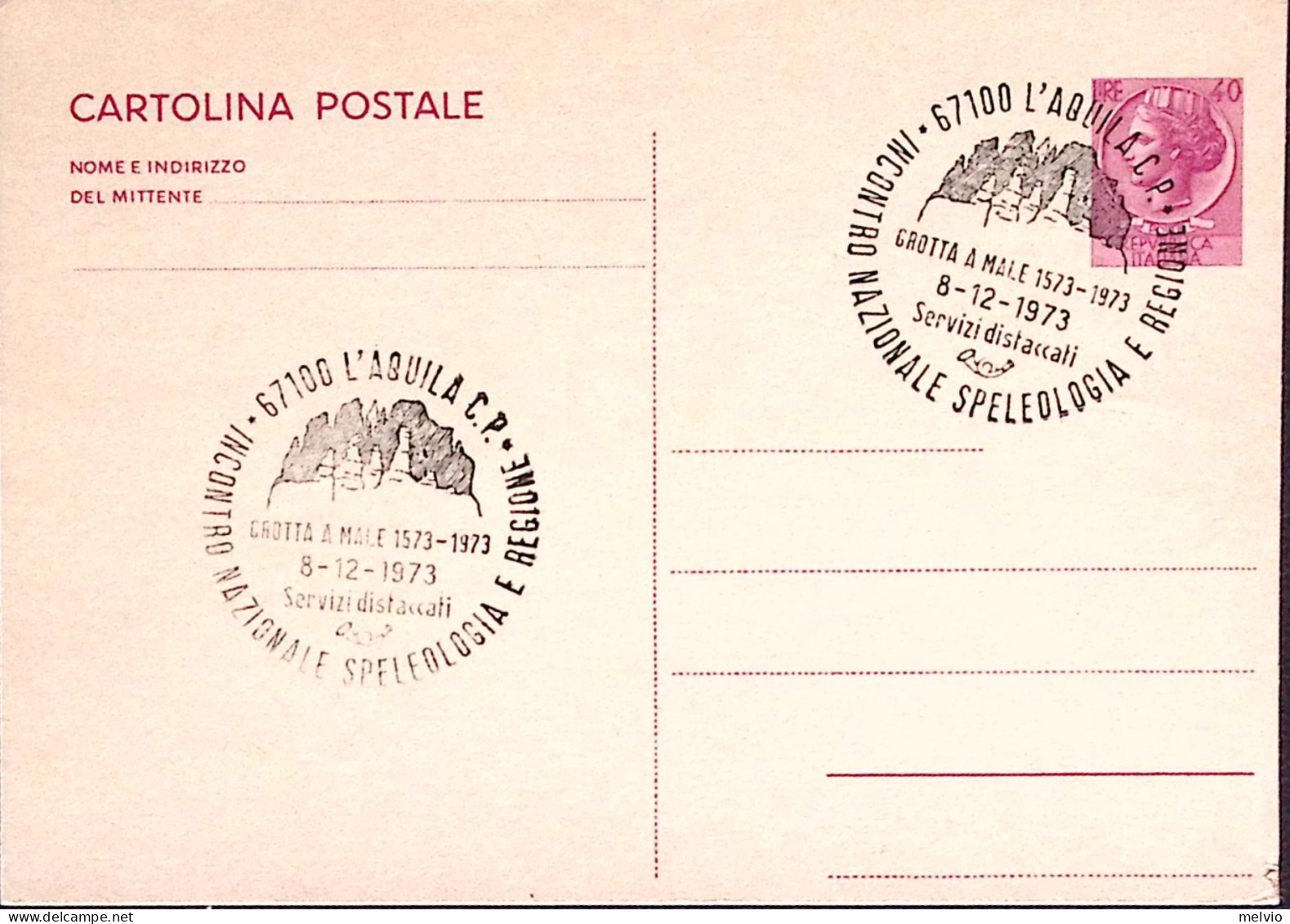 1973-l'AQUILA INCONTRO SPELEOLOGIA (8.12) Annullo Speciale Cartolina Postale - 1971-80: Marcophilie