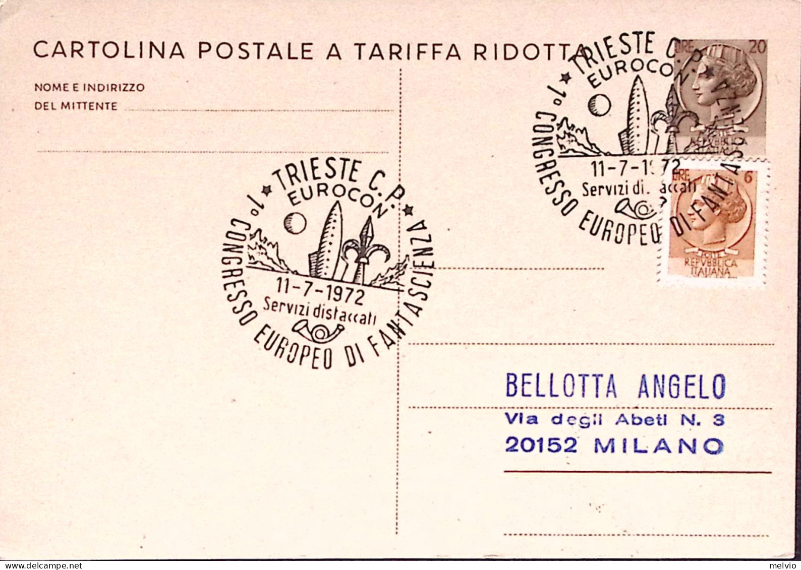 1972-TRIESTE 1 CONGR. EUROPEO FANTASCIENZA (11.7) Annullo Speciale Cartolina Pos - 1971-80: Marcophilia