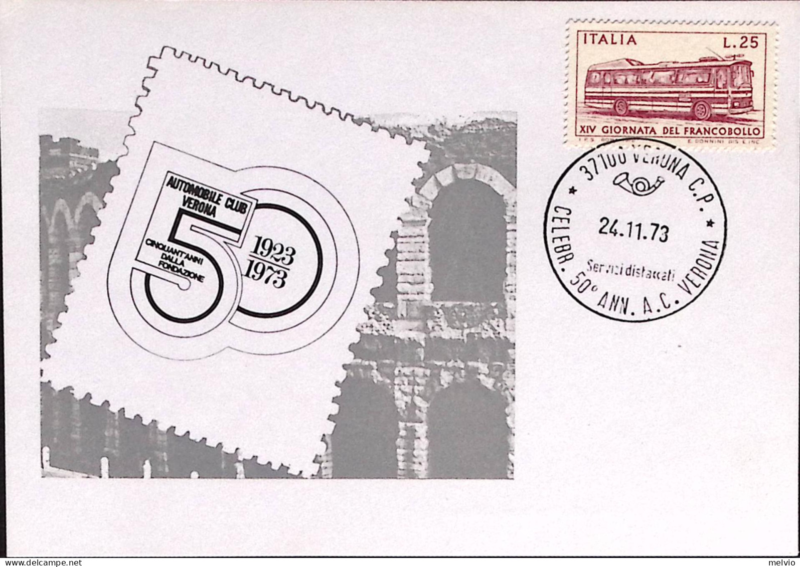 1973-VERONA CELEBR.50 AUTOMOBILE CLUB (24.11) Annullo Speciale Cartolina - 1971-80: Marcophilia