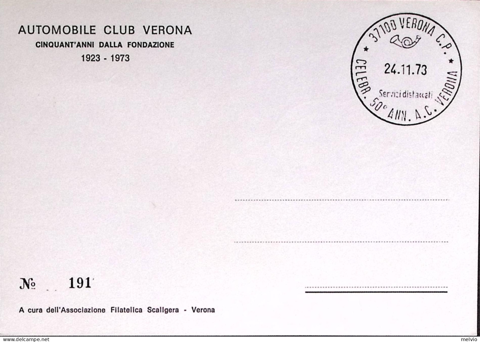 1973-VERONA CELEBR.50 AUTOMOBILE CLUB (24.11) Annullo Speciale Cartolina - 1971-80: Marcophilia