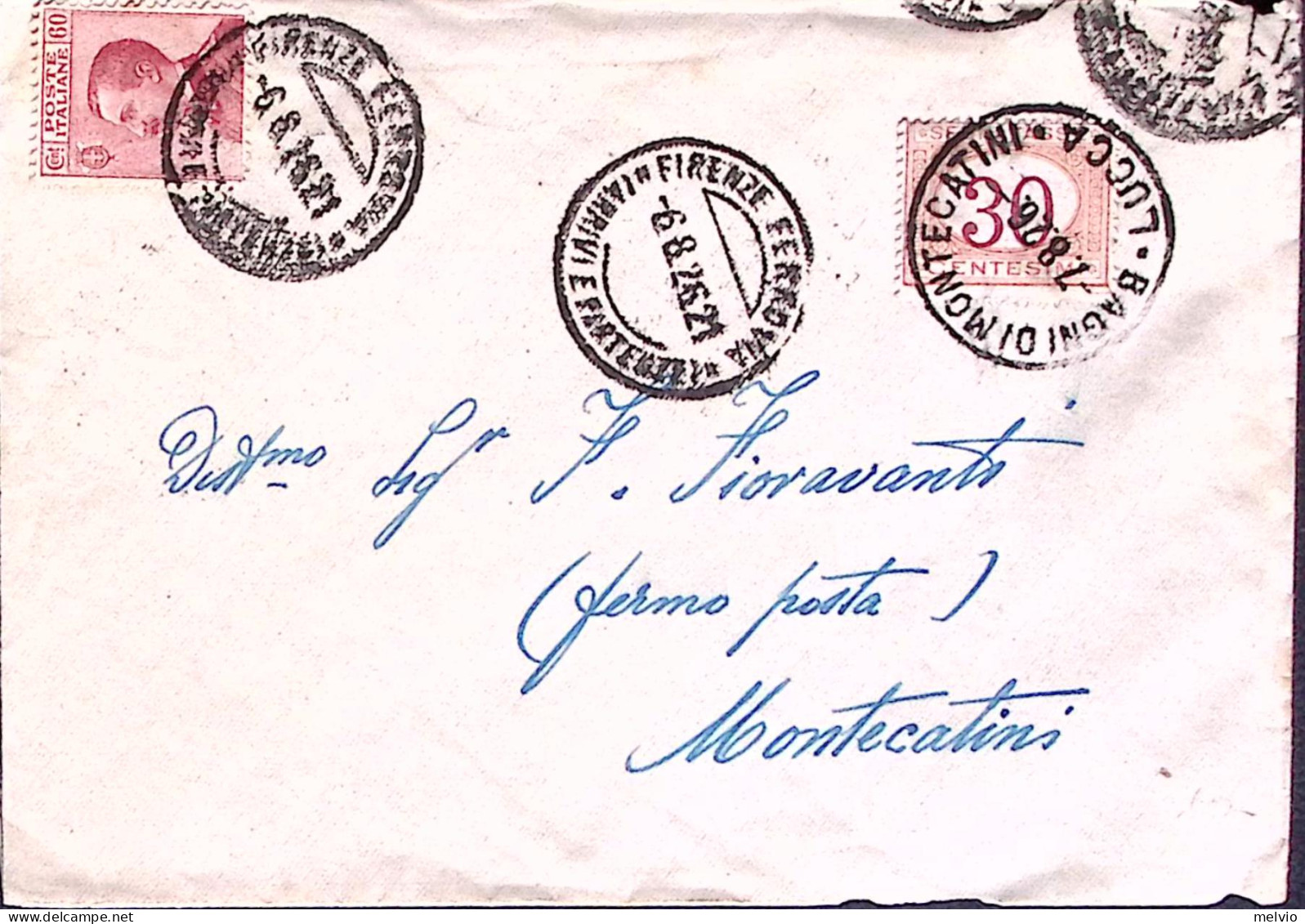 1926-Segnatasse C.30 (23) Apposto Montecatini T (6.8) Su Busta Fermo Posta Caric - Storia Postale