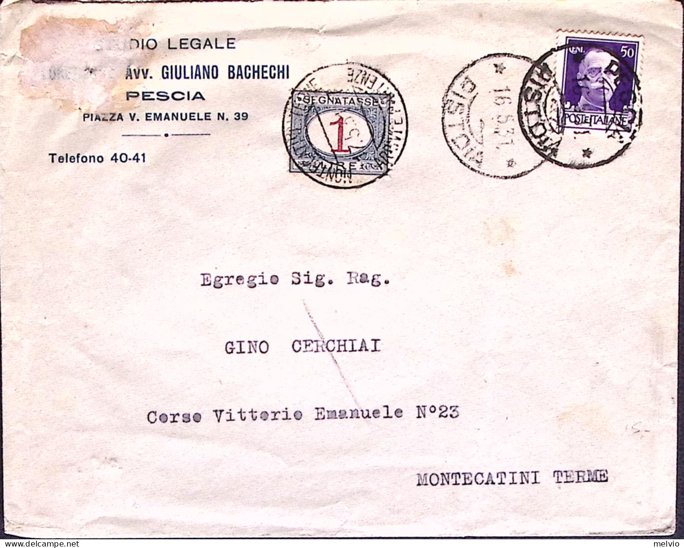 1931-Segnatasse Lire 1 (27) Apposto Montecatini T. (17.5) Su Busta Affrancatura  - Storia Postale
