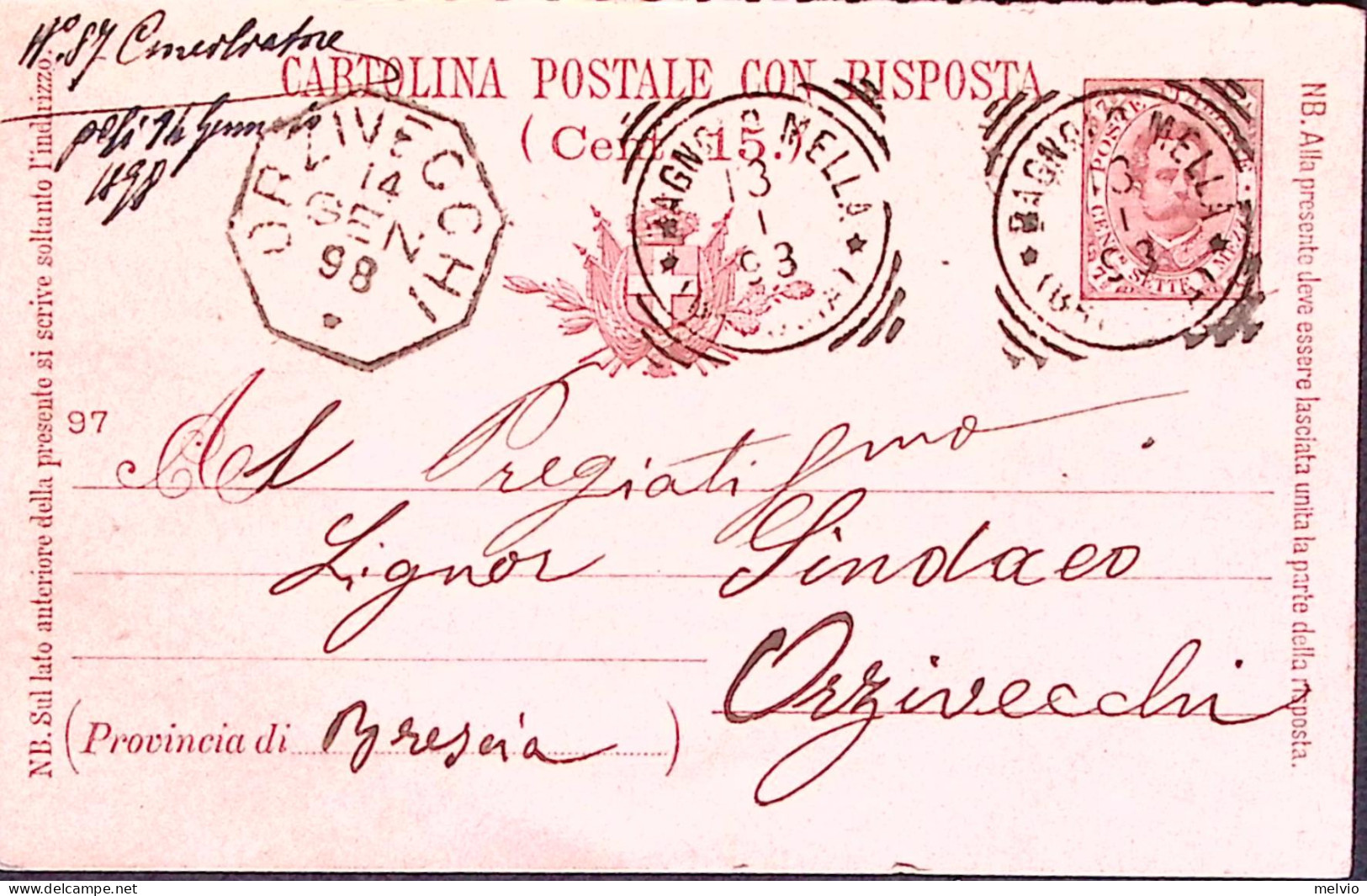 1898-ORZIVECCHI Ottagonale Collettoria (14.1) In Arrivo Su Cartolina Postale RP  - Interi Postali