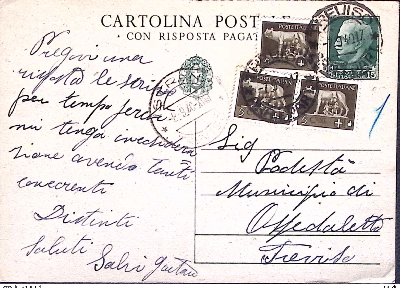 1940-Cartolina Postale RP C.15 Domanda (C82) Con Fr.lli Aggiunti Tre C.5 (243) T - Storia Postale