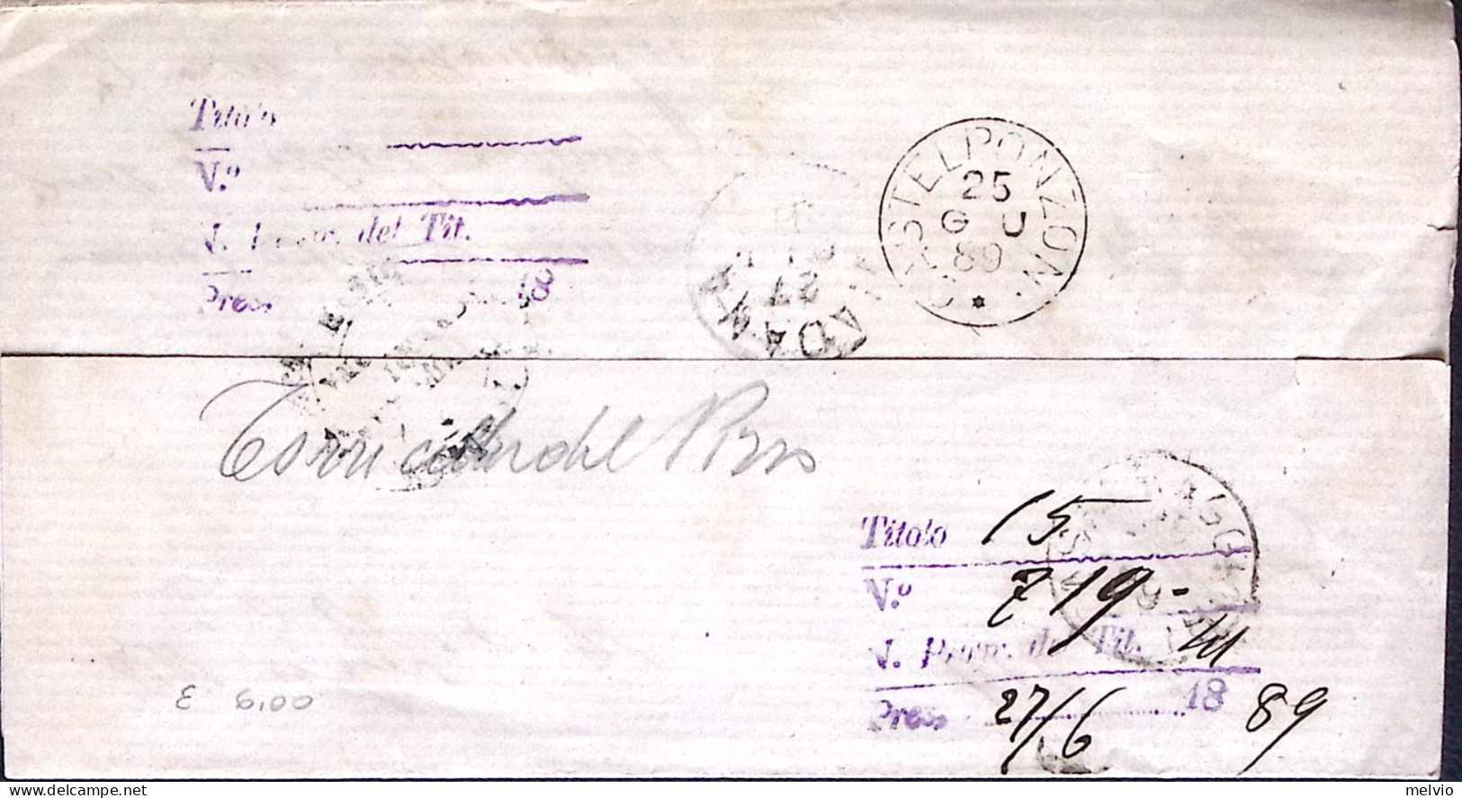 1889-TORRICELLA DEI PIZZO Ottagonale Collettoria (25.6) Su Piego Affrancata Copp - Marcophilie