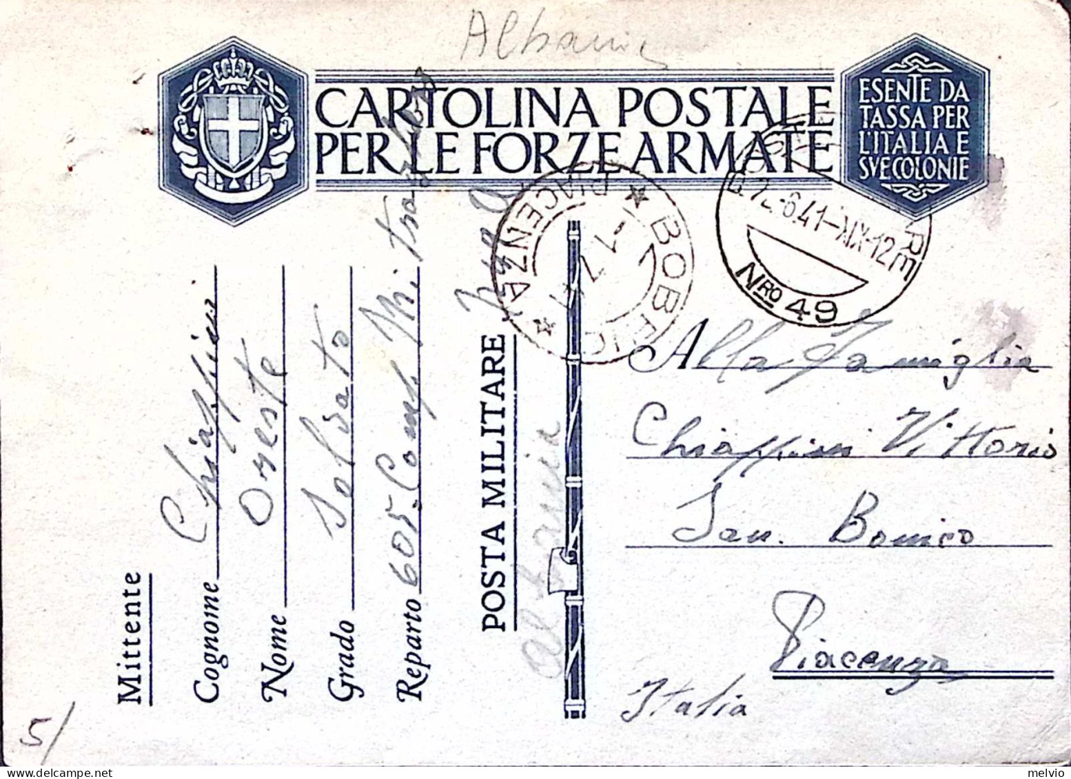 1941-Posta Militare/Nro 49 C.2 (2.6) Su Cartolina Franchigia - Storia Postale