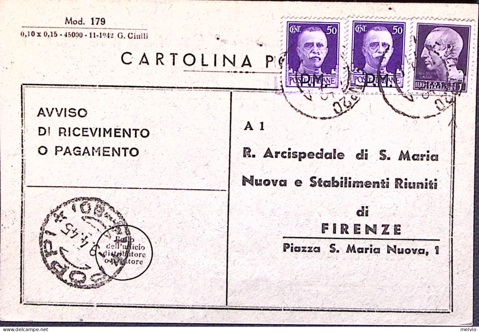 1945-Imperiale Sopr. PM Due C.50 (7) + Imperiale Senza Fasci Lire 1 (522) Su Avv - Poststempel