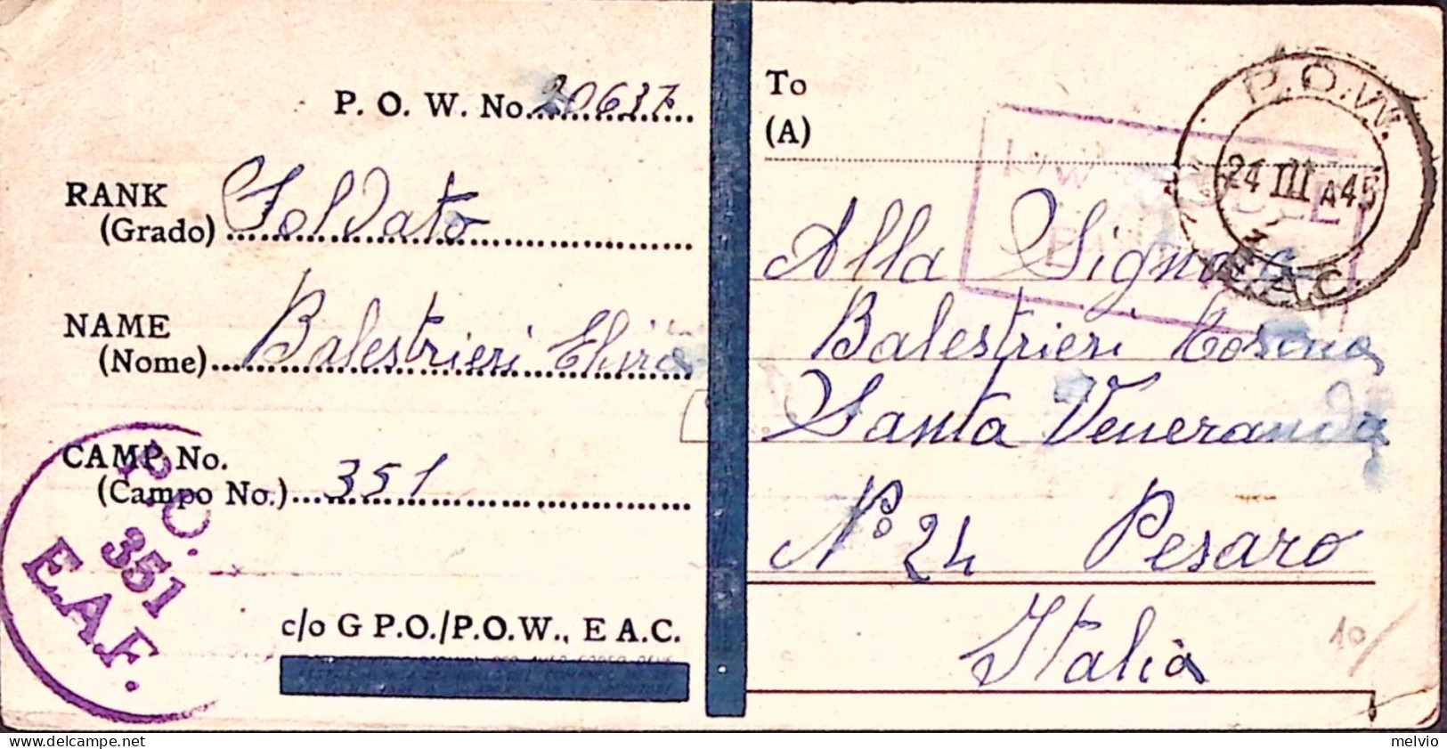 1945-PRIGIONIERI GUERRA In East Africa POW Camp 351 Su Ex Cartolina Italiana Tra - Marcophilia