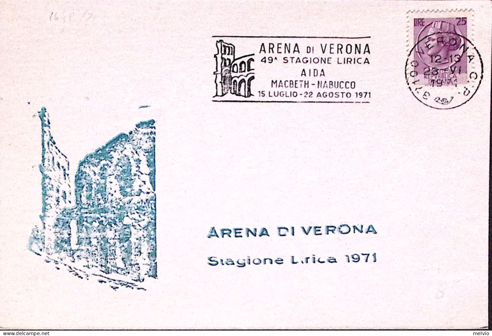 1971-VERONA 49 STAGIONE LIRICA Annullo A Targhetta Verona(23.6) Su Cartolina Uff - 1971-80: Marcophilia