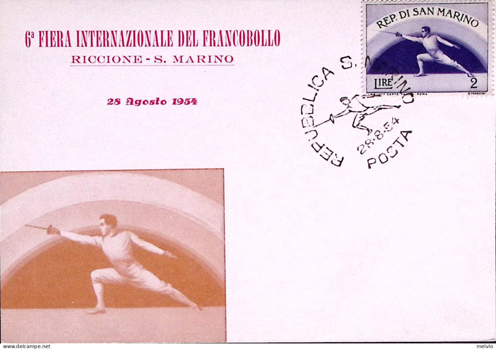 1954-SAN MARINO/SCHERMA Annullo Speciale (28.8) Su Cartolina Ufficiale Fdc - FDC