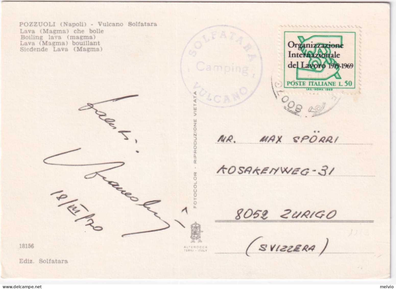 1970-ORGANIZZAZIONE LAVORO Lire 50 (112) Isolato Su Cartolina (Pozzuoli Vulcano  - 1961-70: Poststempel