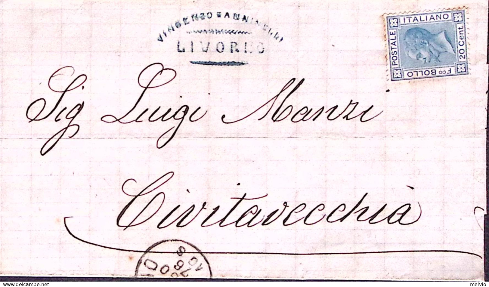 1876-effigie C.20 (L26) Sfuggito All'annullo Su Soprascritta Da Livorno - Marcophilia