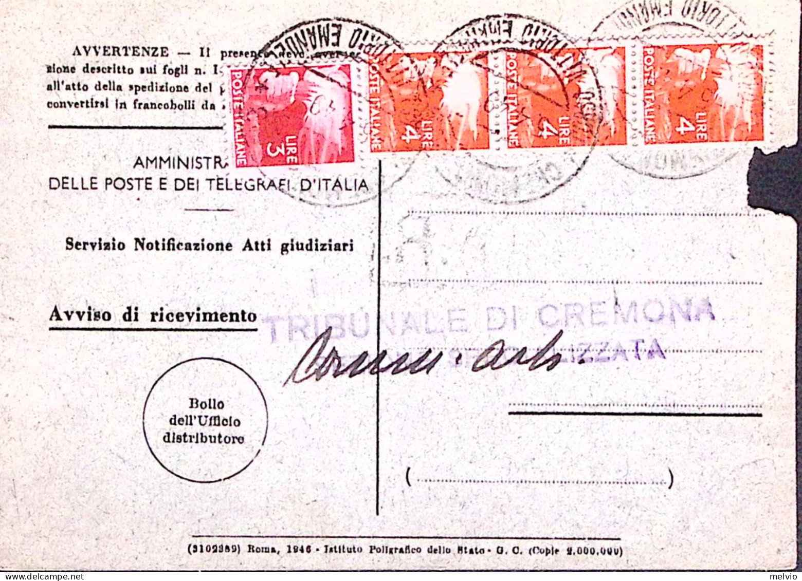 1949-Democratica Lire 3 E Striscia Tre Lire 4 (553/4) Isolato Su Avviso Ricevime - 1946-60: Marcophilia