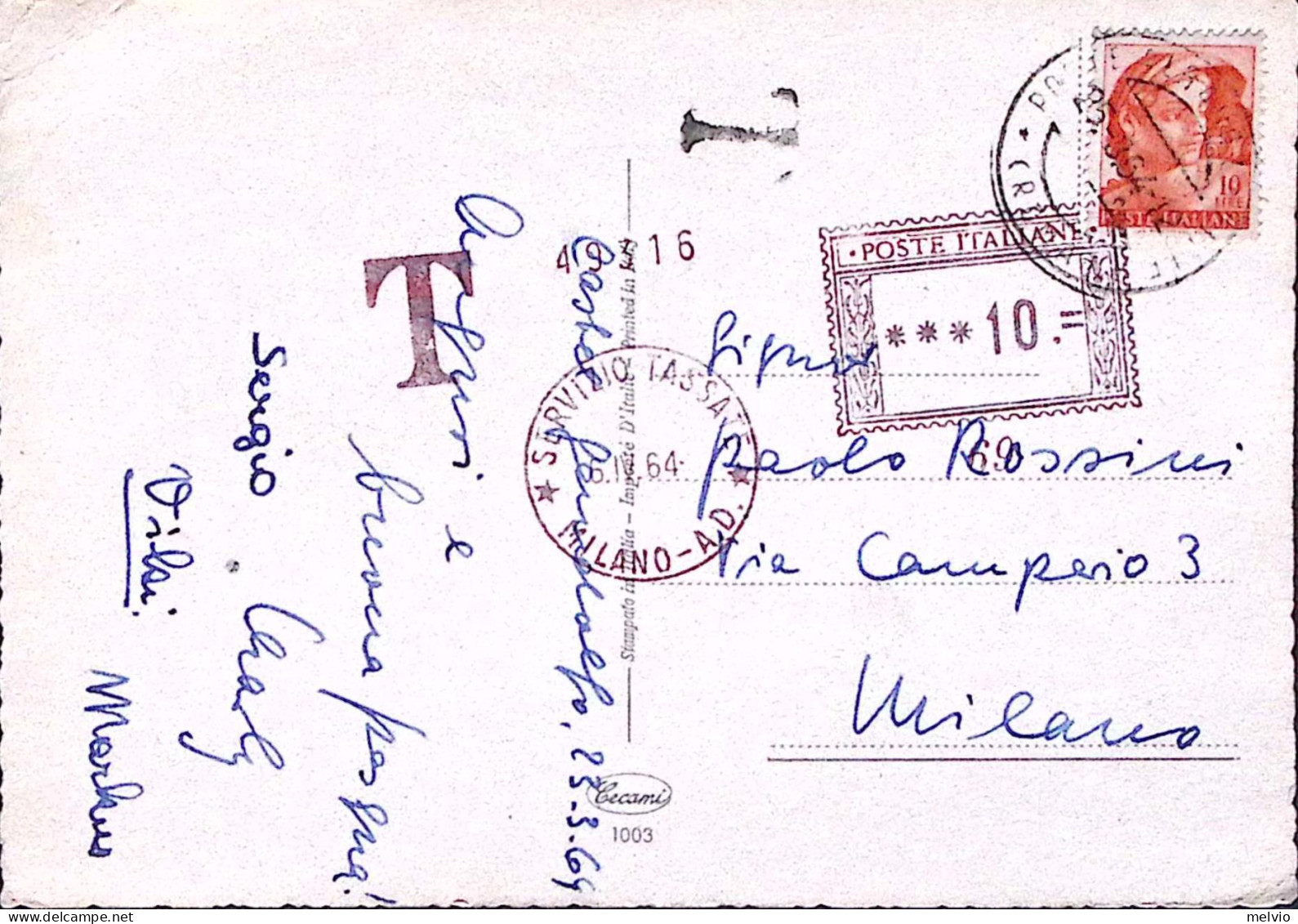 1964-TASSAZIONE MECCANICA Lire 10 Milano (6.4) Su Cartolina Affrancatura Insuffi - Franking Machines (EMA)