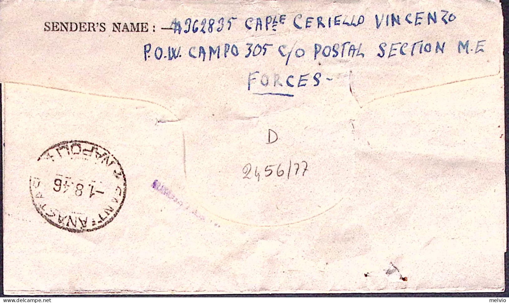1943-PRIGIONIERI GUERRA In Egitto POW Camp 305 Manoscritto Al Verso Di Biglietto - Storia Postale