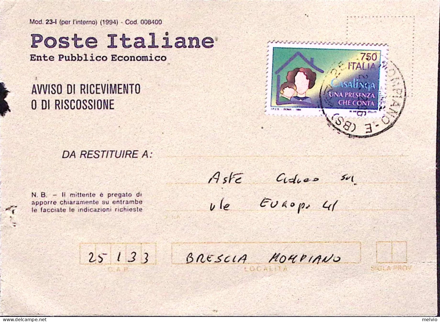 1996-CASALINGHE Lire 750 (2090) Isolato Su Avviso Ricevimento - 1991-00: Storia Postale