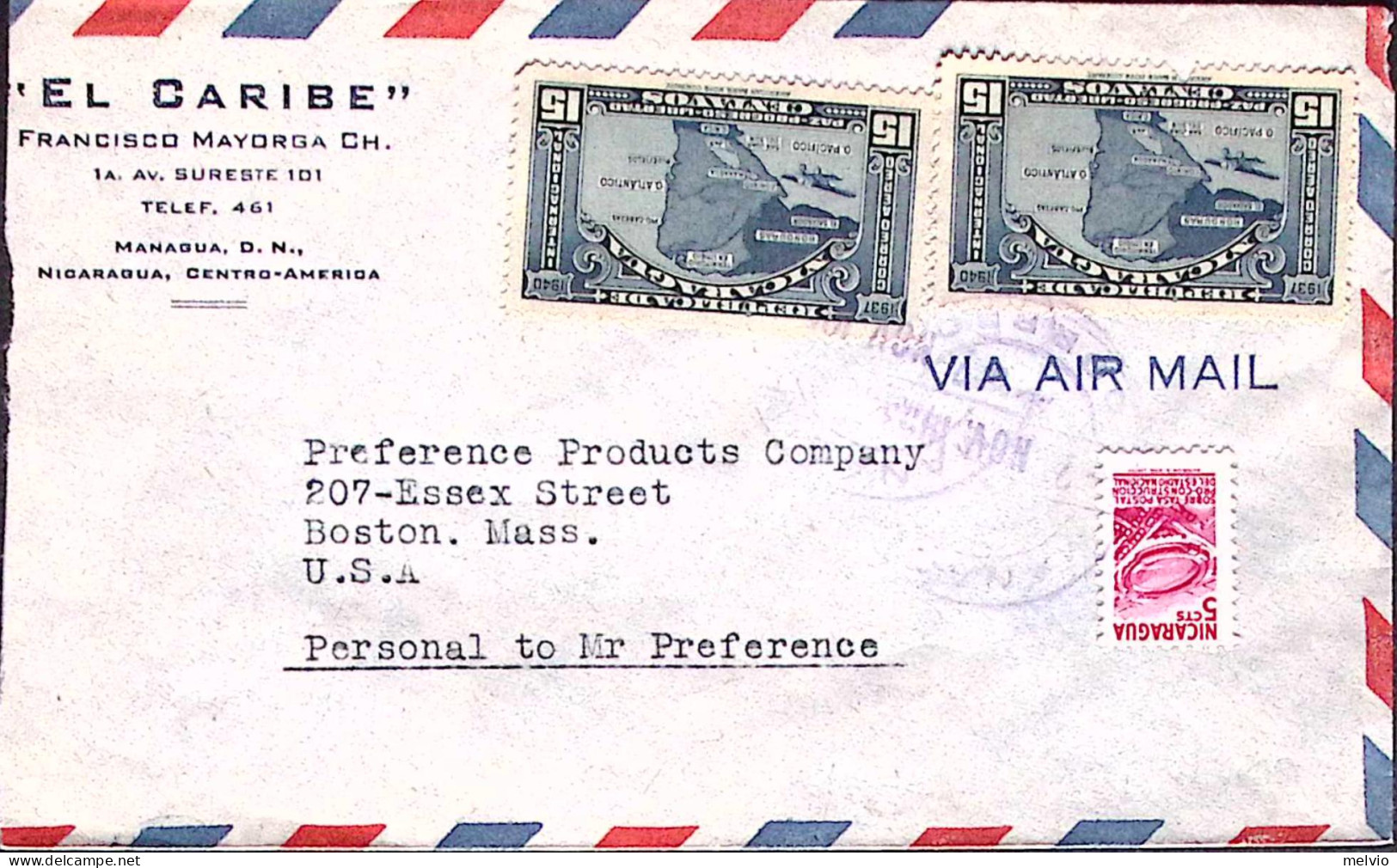 1953-Nicaragua Busta Via Aerea (2.11) Affrancata C.5 E PA Due C.15 Per Gli USA - Nicaragua