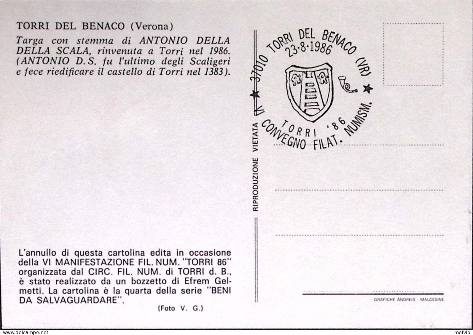 1986-TORRI DEL BENACO VI CONVEGNO FIL. NUMISM. Annullo Speciale (23.8) Su Cartol - 1981-90: Marcofilie