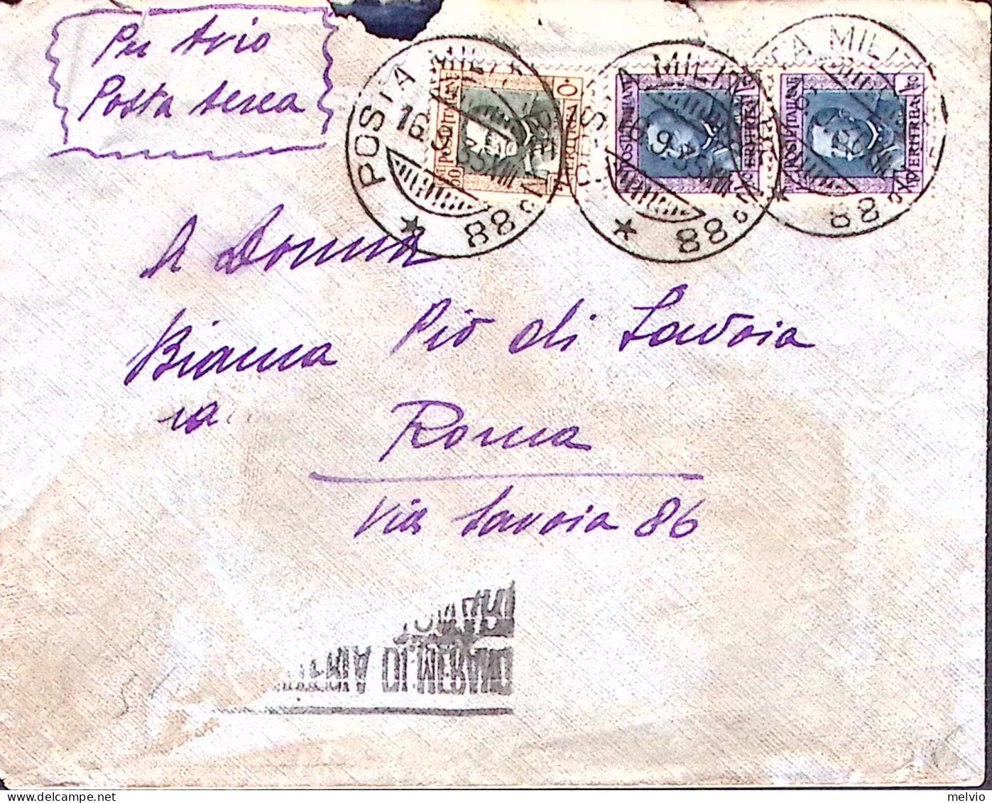 1935-Posta Militare N 88 C.2 (16.9) Su Busta Via Aerea Affrancata Eritrea - Eritrea