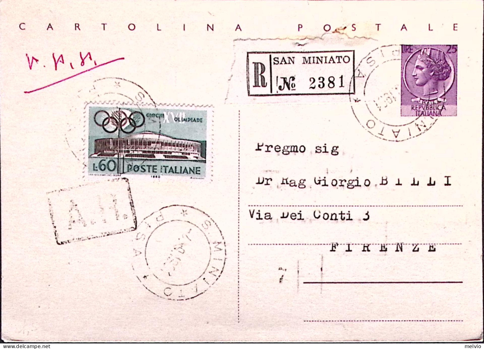 1961-OLIMPIADI Lire 60 Isolato Su Cartolina Postale Lire 25 Raccomandata San Min - 1961-70: Storia Postale