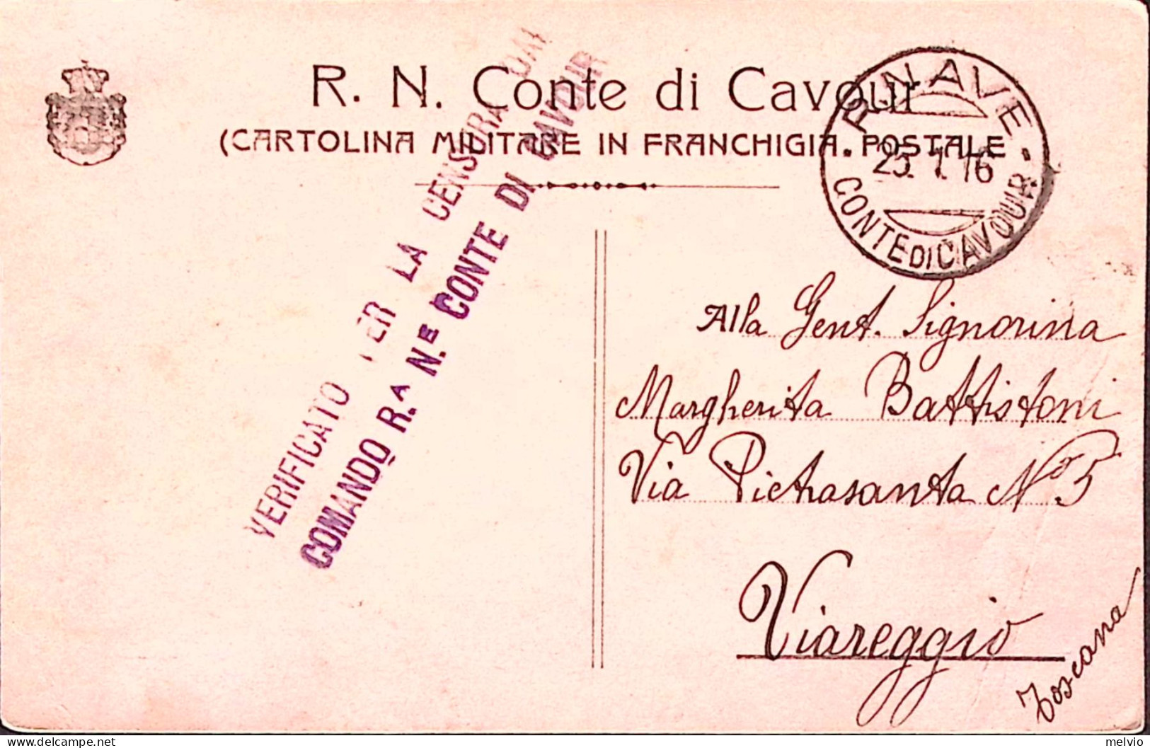 1916-R. NAVE/CONTE Di CAVOUR C.2 (25.1) Su Cartolina Con Intestazione Della Stes - Storia Postale