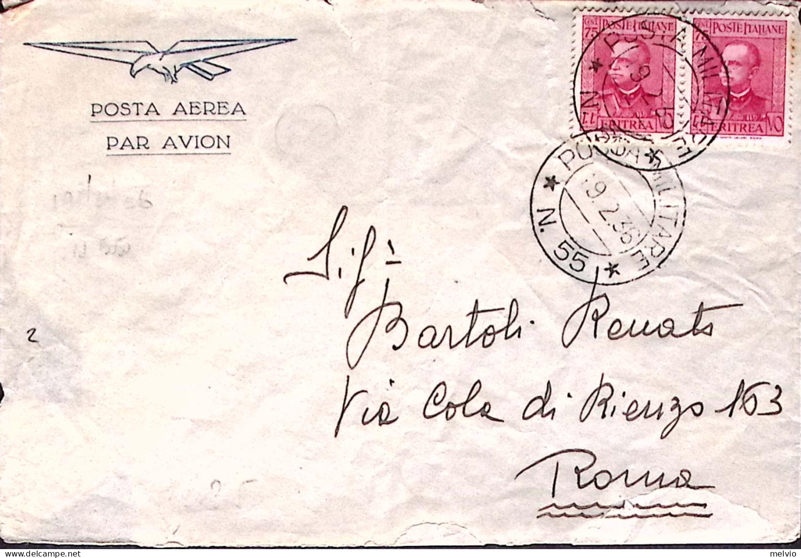 1936-Posta Militare N 55 (9.2) Su Busta Via Aerea Affrancata Eritrea - Eritrea